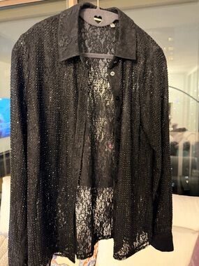 Elie Tahari Black Lace & Sequin Button-Front shirt